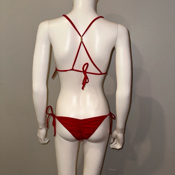 RISE CITY SWIM 👙 red triangle halter Brazilian scrunch butt tiny bikini M L - Picture 3 of 7